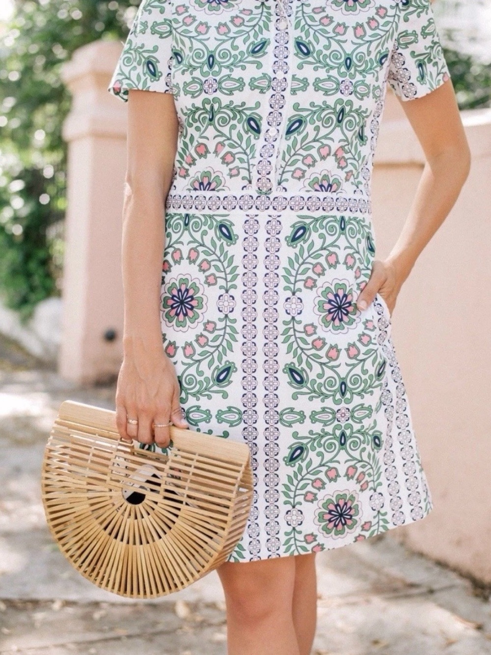 Tory Burch Floral Tile Print Short Sleeve Dress - White & Green